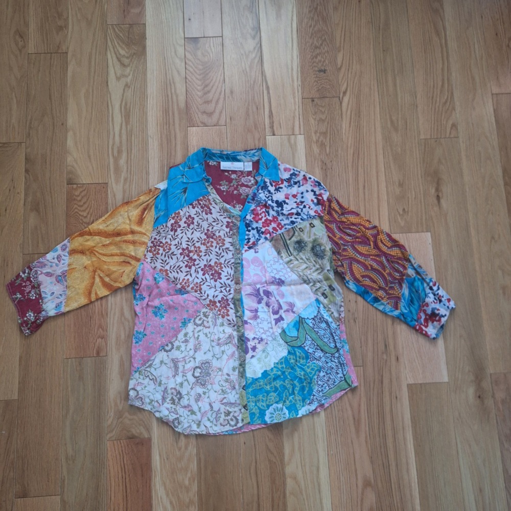 Sacred Threads Vintage Patchwork Shirt Floral Boho Rayon Multicolor Size M India